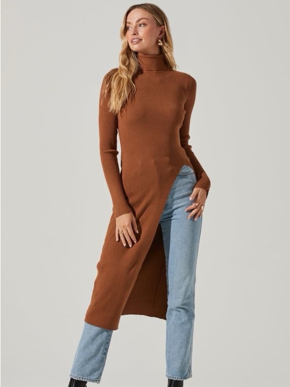 ASTR (Nordstrom) Brown Ribbed Turtleneck Knit Midi Dress with Side Split L